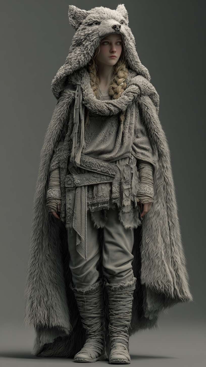 3d,Full-length character drawing,A girl with a wolf skin hood --ar 9:16 --v 7 --stylize 100 --fast