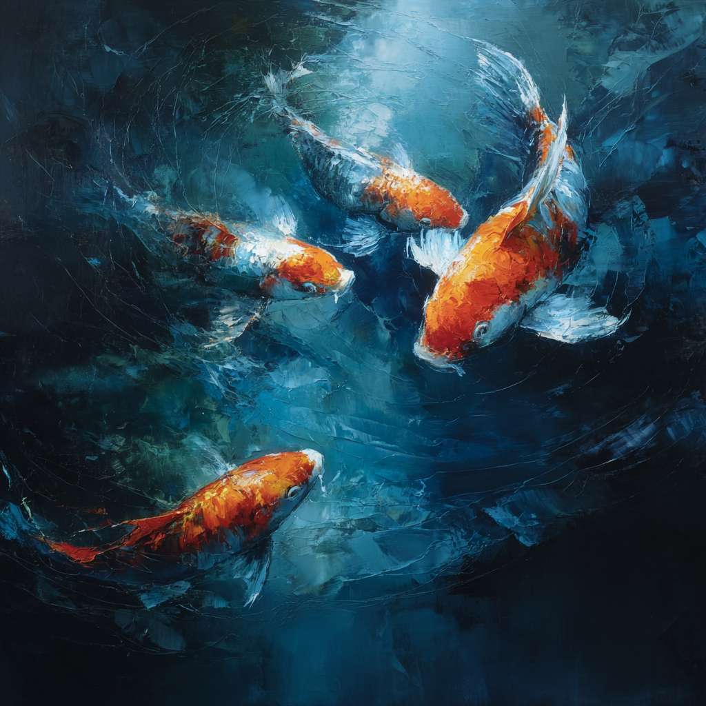 Dreamy blue depths with iridescent light rippling around koi, expressive strokes for water’s motion and fish’s agility, abstract oil. --ar 1:1 --v 7 --stylize 100 --fast
