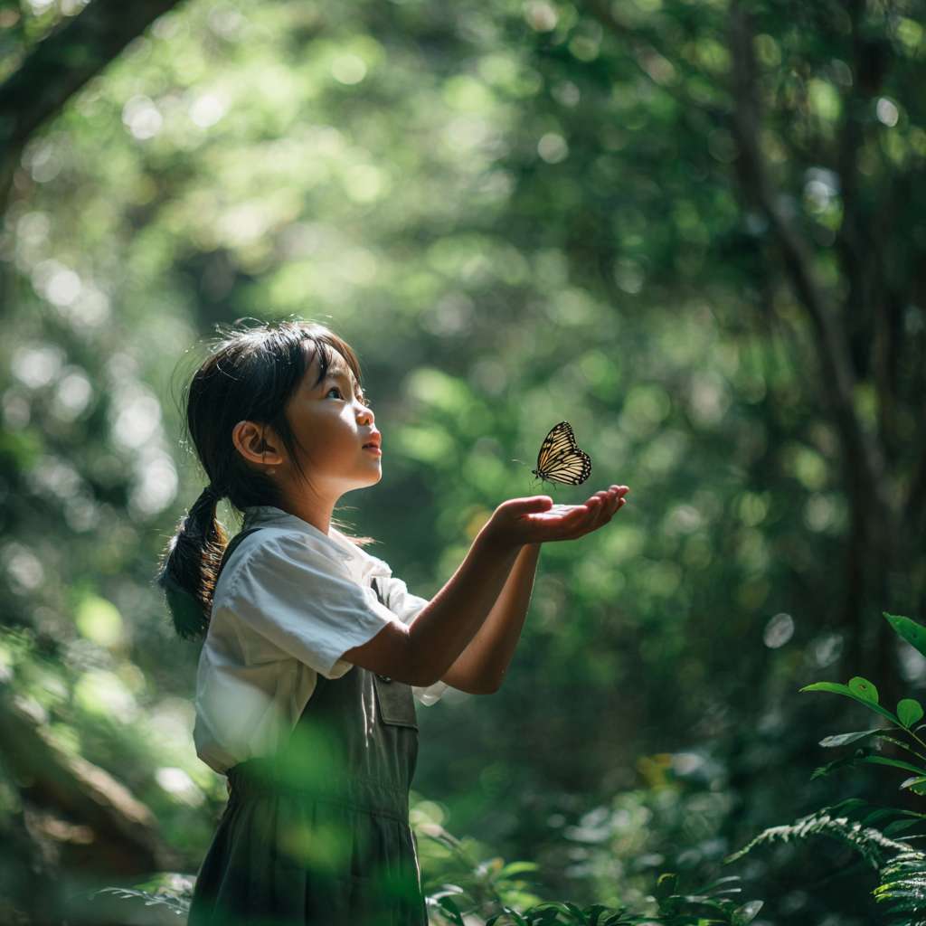 一位大約十至十一歲的小學女生站在綠意盎然的樹林裡，陽光從樹葉間灑下。她伸出手掌，一隻蝴蝶輕輕停留在她的手上。女孩專注而溫柔地觀察著蝴蝶，表情充滿好奇與純真。真實攝影風格、自然光、淺景深、背景柔和的森林光影。 --ar 1:1 --v 7 --stylize 100 --fast --no 水印