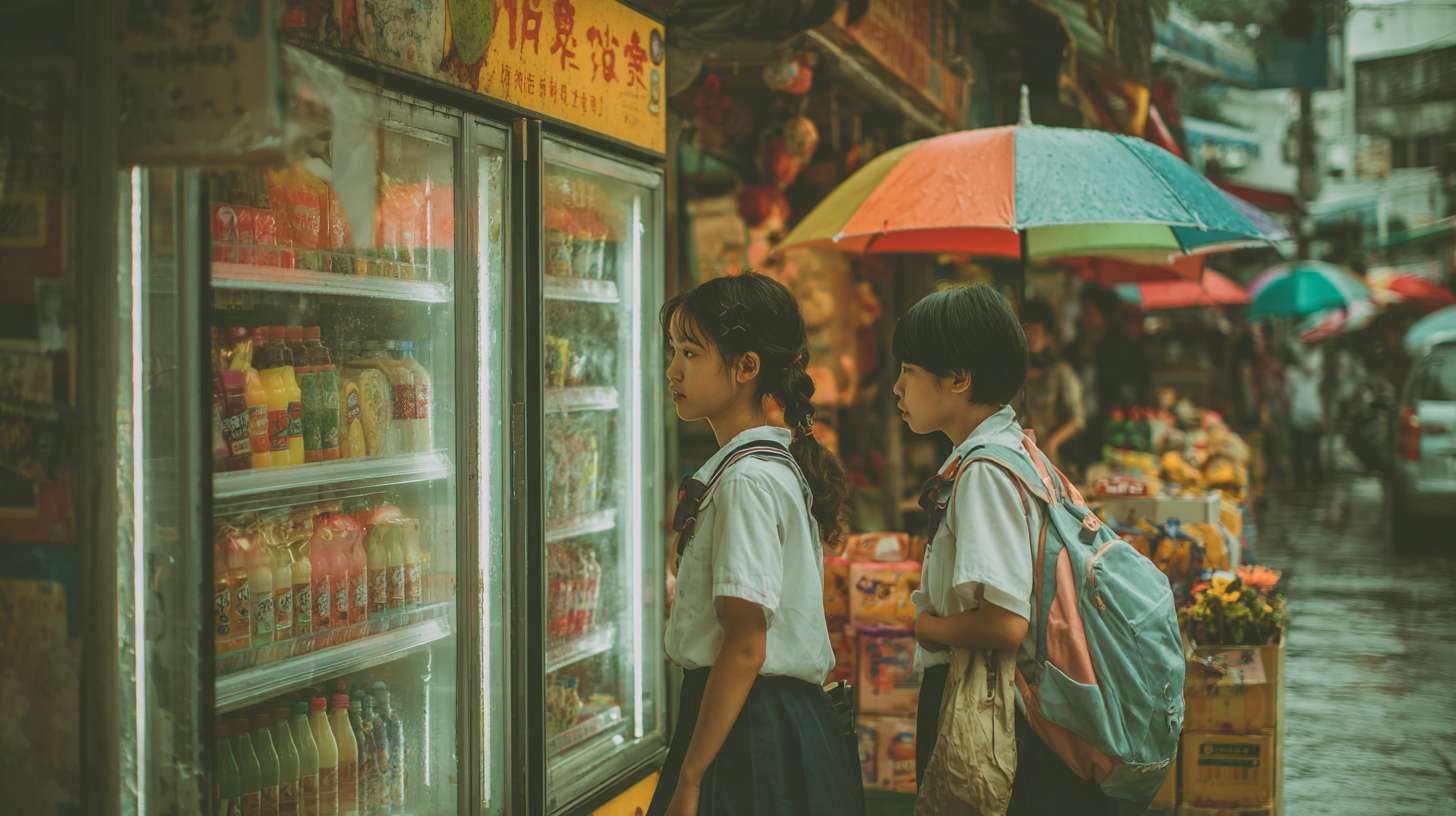 1. 女孩、便利店老板娘
• 地点:清晨的便利店
• 事件:穿校服的女孩因钱不够在冰柜前犹豫,40 + 岁系围裙的老板娘察觉后,默默拿起一瓶热牛奶拧开递上,女孩接下牛奶。
2. 白发老人、放学小男孩
• 地点:午后雨天的公交站台
• 事件:白发老人撑着小伞,伞沿倾斜护住身边背书包的小男孩,两人并肩站在雨棚下,老人不时调整伞的角度,小男孩偷偷把伞往老人那边推。
3. 西装男生、花店店员
• 地点:傍晚的街角花店
• 事件:穿西装的男生攥着皱巴巴的零钱盯着橱窗里的小雏菊,20 + 岁戴围裙的店员见状,剪下一枝雏菊用牛皮纸包好递给男生,并摆手表示不收钱。 --ar 16:9 --v 7 --stylize 100 --fast --no 水印