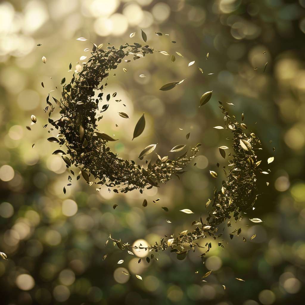 Floating tea leaves in mid-air forming yin-yang symbol, 
selective focus with bokeh light spots, 
no text, surreal photography --ar 1:1 --v 6 --stylize 100 --fast