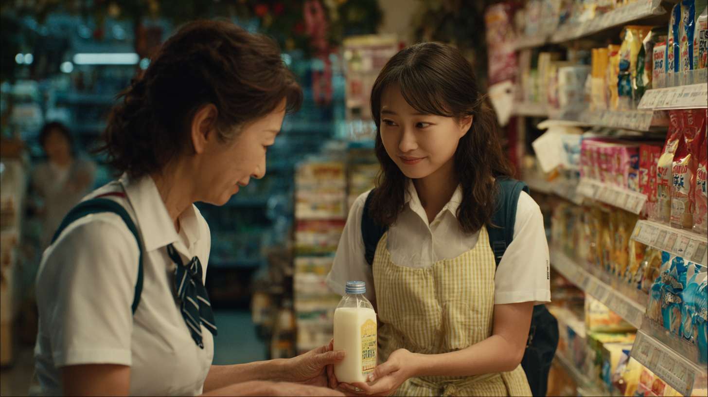 . 女孩、便利店老板娘
• 地点：清晨的便利店
• 事件：穿校服的女孩因钱不够在冰柜前犹豫，40 + 岁系围裙的老板娘察觉后，默默拿起一瓶热牛奶拧开递上，女孩接下牛奶。 --ar 16:9 --v 7 --stylize 100 --fast --no 水印