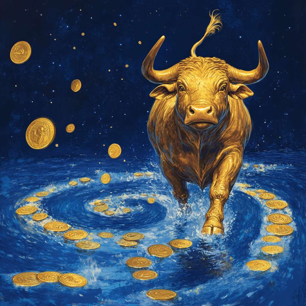 深蓝色背景中“S”形河流，河畔一头金牛昂首，河面漂浮古钱币。颜色样式轻快活泼一些 --ar 1:1 --v 6.1 --stylize 100 --fast