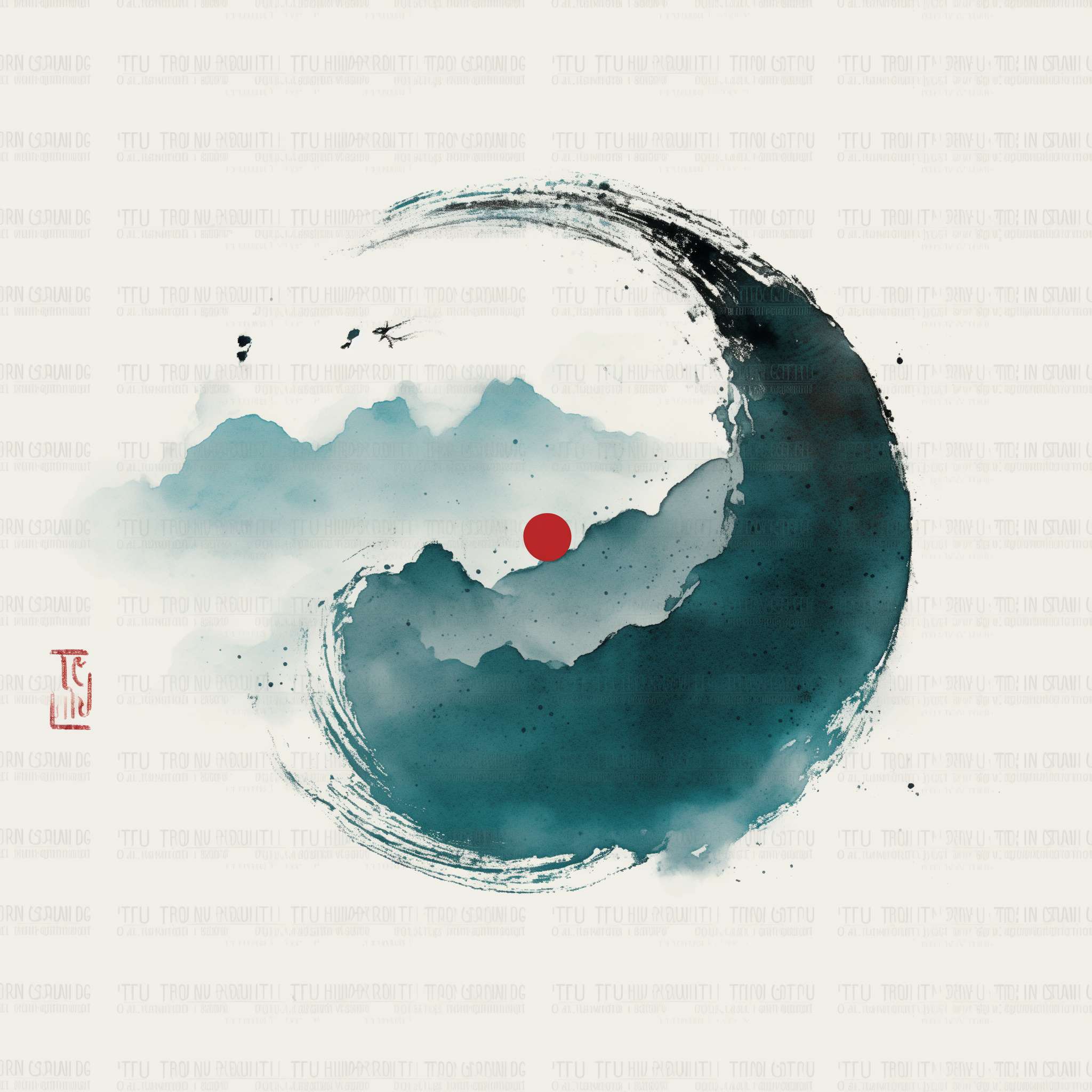 "Circular logo, a minimalist ink-wash Tai Chi symbol in cyan and black, surrounded by faint mountain silhouettes, red dot in Tai Chi center, white background, Chinese Zen style, clean and serene, no text, high resolution, vector style" --ar 1:1 --v 7 --stylize 100 --fast