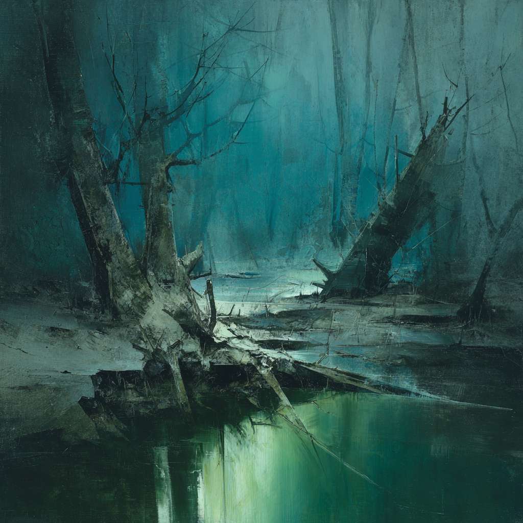 Eerie forest pool scene in cool gray-blue and 墨绿 tones, loose brushstrokes sketching gnarled tree trunks and tangled branches; still water mirrors fractured tree silhouettes and faint light, abstract 神秘 oil with desolate atmosphere.
Surreal 幽潭 in misty woods: dark green and slate-blue hues dominate, rough lines defining ancient trees; stagnant water reflects fragmented branches and eerie light, loose, expressive strokes.
Mysterious forest pool: cold gray-blue and deep emerald tones, with chaotic brushwork suggesting overgrown wilderness; still water acts as shadowy mirror, abstract oil in desolate greens and blues. --ar 1:1 --v 7 --stylize 100 --fast --no 水印