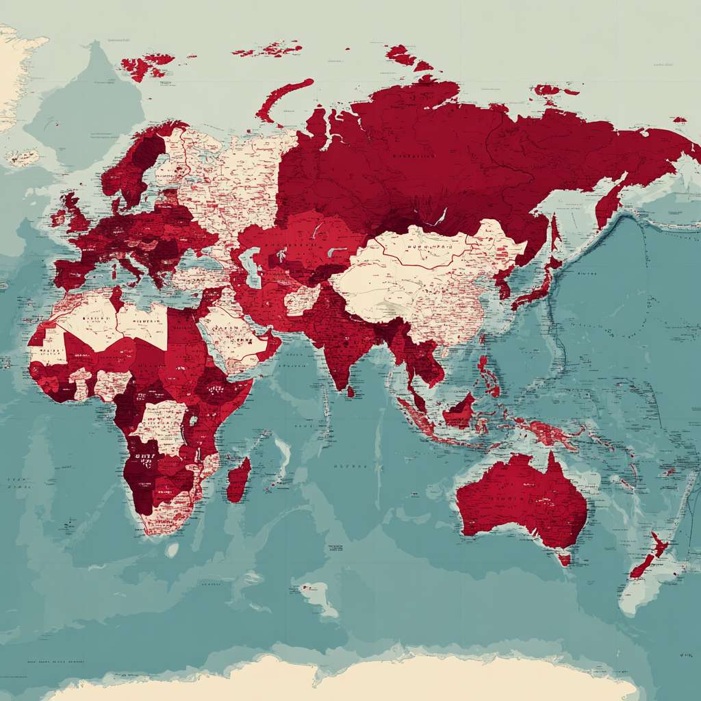一幅专业地缘政治地图，维多利亚时期地图集风格，1948年。新明帝国领土用深红色标出：包括马来半岛、苏门答腊、爪哇、婆罗洲、苏拉威西及整个印度尼西亚群岛、澳大利亚、新西兰。其托管领土用浅红色标出：包括巴布亚新几内亚、所罗门群岛、瓦努阿图、斐济、萨摩亚。马六甲海峡和巽他海峡被突出显示。边界清晰，与蓝色海洋形成鲜明对比。（尽量不出现其他国家，浅色显示除此之外的地区） --ar 1:1 --v 7 --stylize 100 --fast --no 水印