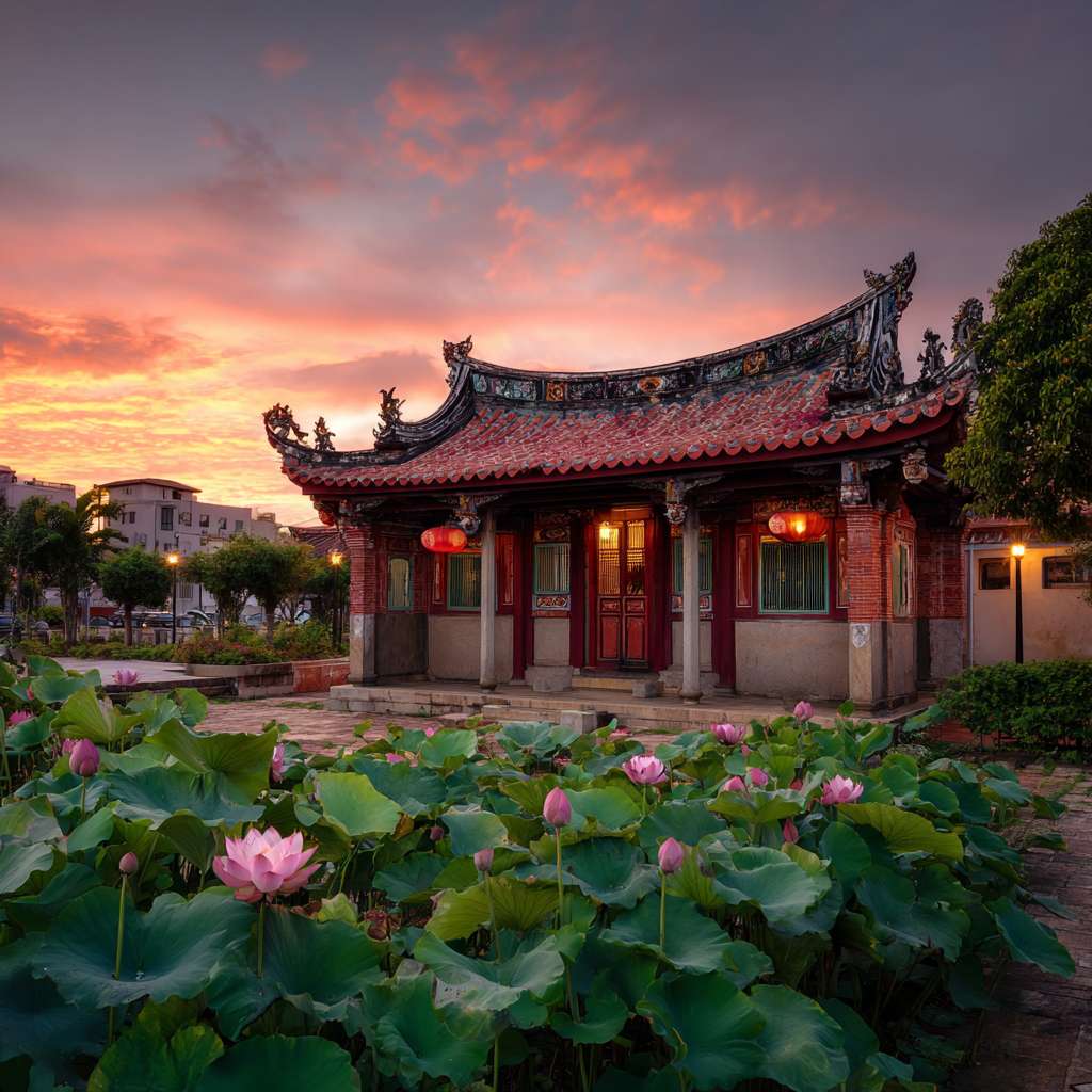 庙宇别太高，厦门古厝红屋顶，路边景观再漂亮一点，增加些莲花灯 --ar 1:1 --v 7 --stylize 100 --fast --no 水印