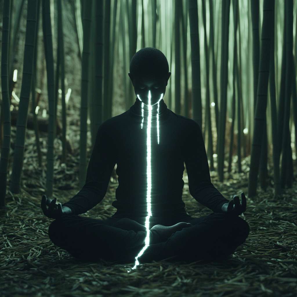 A person is sitting cross - legged in a bamboo forest, meditating, with white glowing lines flowing from the throat to the dantian area --ar 1:1 --v 6.1 --stylize 100 --fast