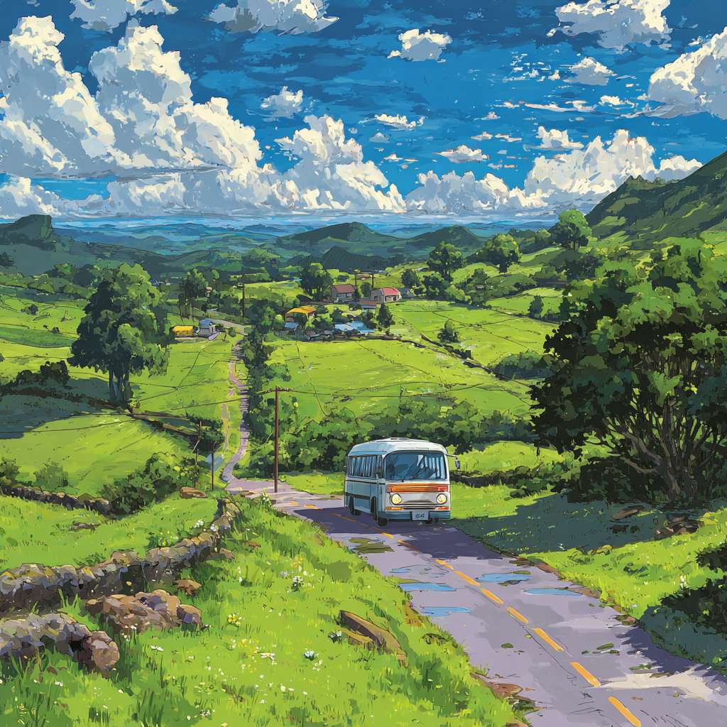 乡间小路，汽车行驶 --ar 1:1 --v 7 --stylize 100 --fast --no 水印