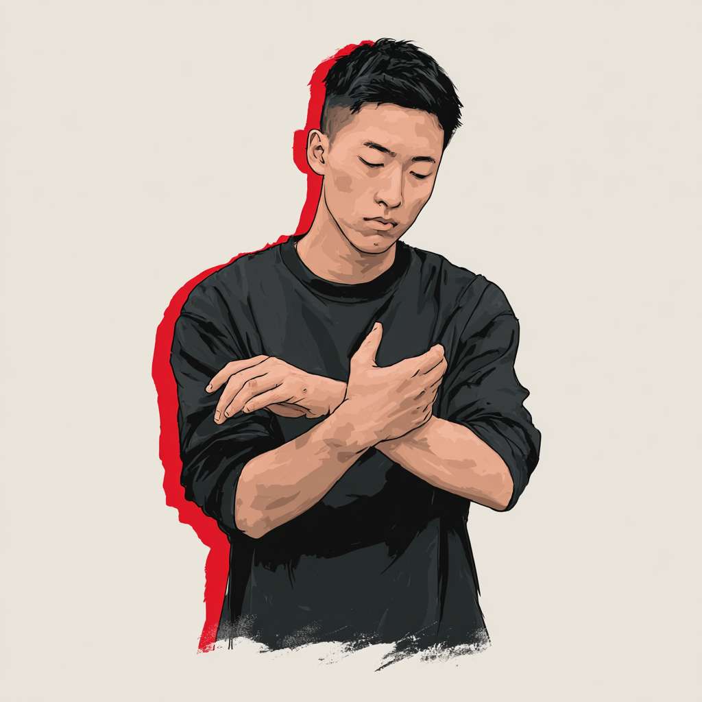 A picture of an Asian person peacefully slapping their cubital fossa --ar 1:1 --v 7 --stylize 100 --fast