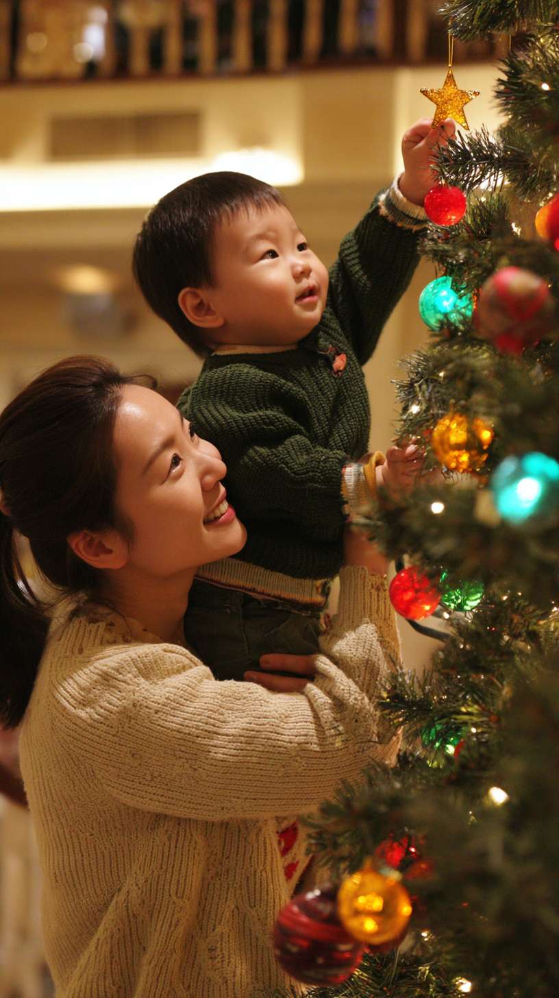 2圣诞树顶挂星星，妈妈托举孩子，树身缠绕彩灯，地面有未挂的袜子装饰，镜头从下往上推，温馨写实风妈妈孩子都是外国人 --ar 9:16 --v 7 --stylize 100 --fast --no 水印