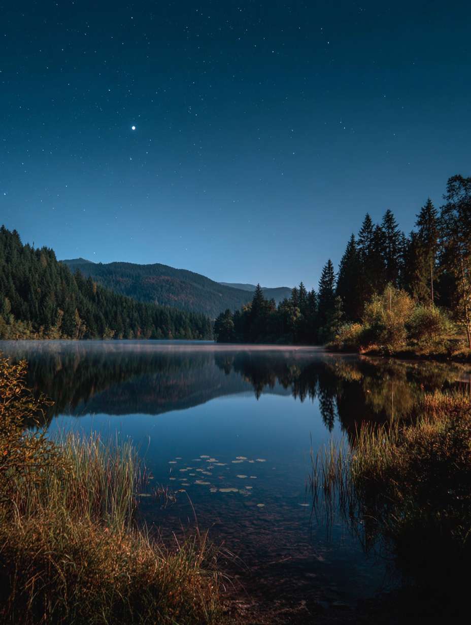 选择一张具有宁静感的自然风景图，如清晨的湖面、绿意盎然的森林，或者是一个安静的夜晚，月光洒在大地上的场景。这能体现中医哲学与自然节律的结合，给人放松和舒适的感觉。 --ar 3:4 --v 7 --stylize 100 --fast --no 水印