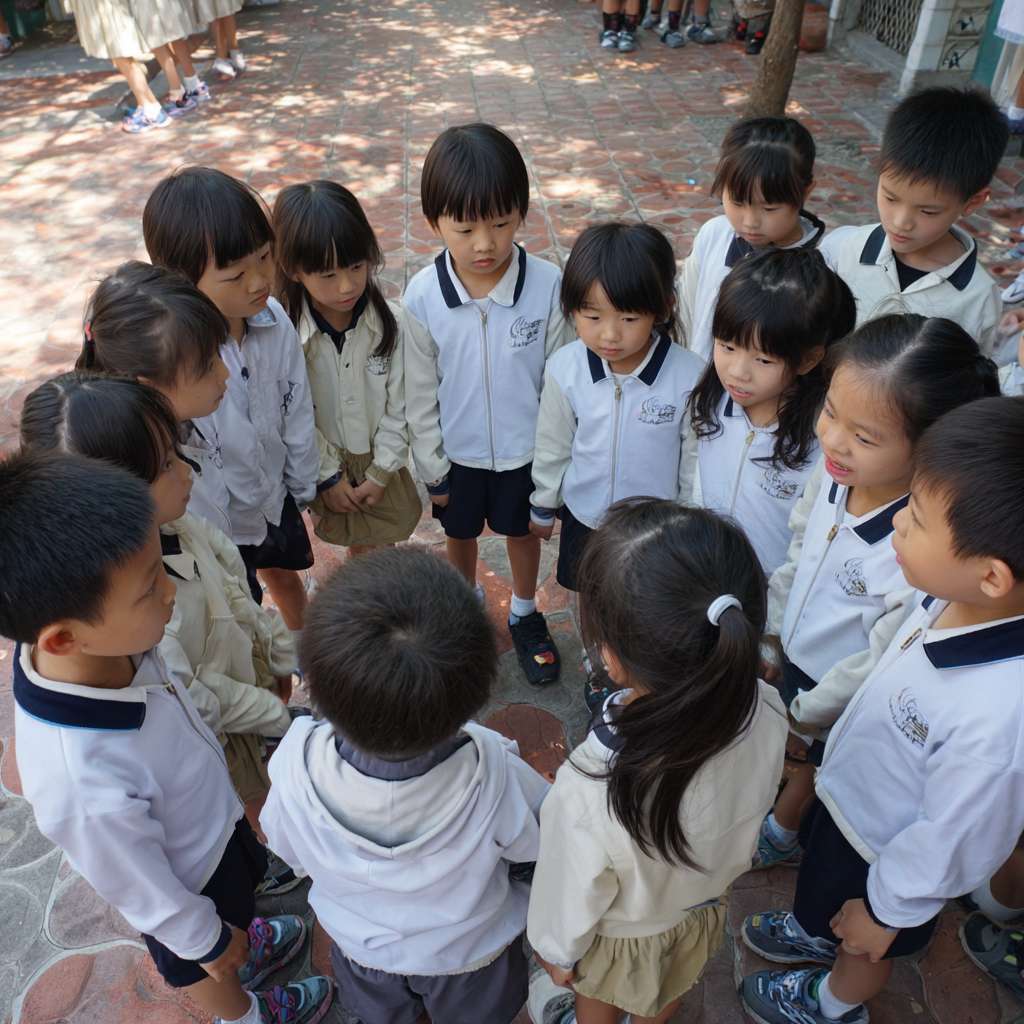 一班小六穿校服的學生們在校園裡圍成一個半圓形，以卡通的風格展示穿山甲、老虎、水獺、熊貓、飛鼠、龜等等的瀕危物種，讓學生們一起將積木併上瀕危動物圖案上 --ar 1:1 --v 7 --stylize 100 --fast --no 水印