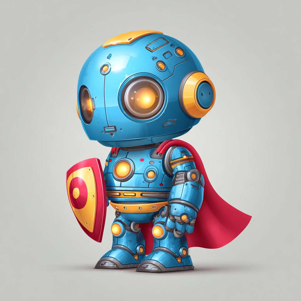 [安全侠]：blue robot with shield chest, glowing safety helmet, friendly superhero pose, clean vector art --ar 1:1 --v 7 --stylize 100 --fast --no 水印