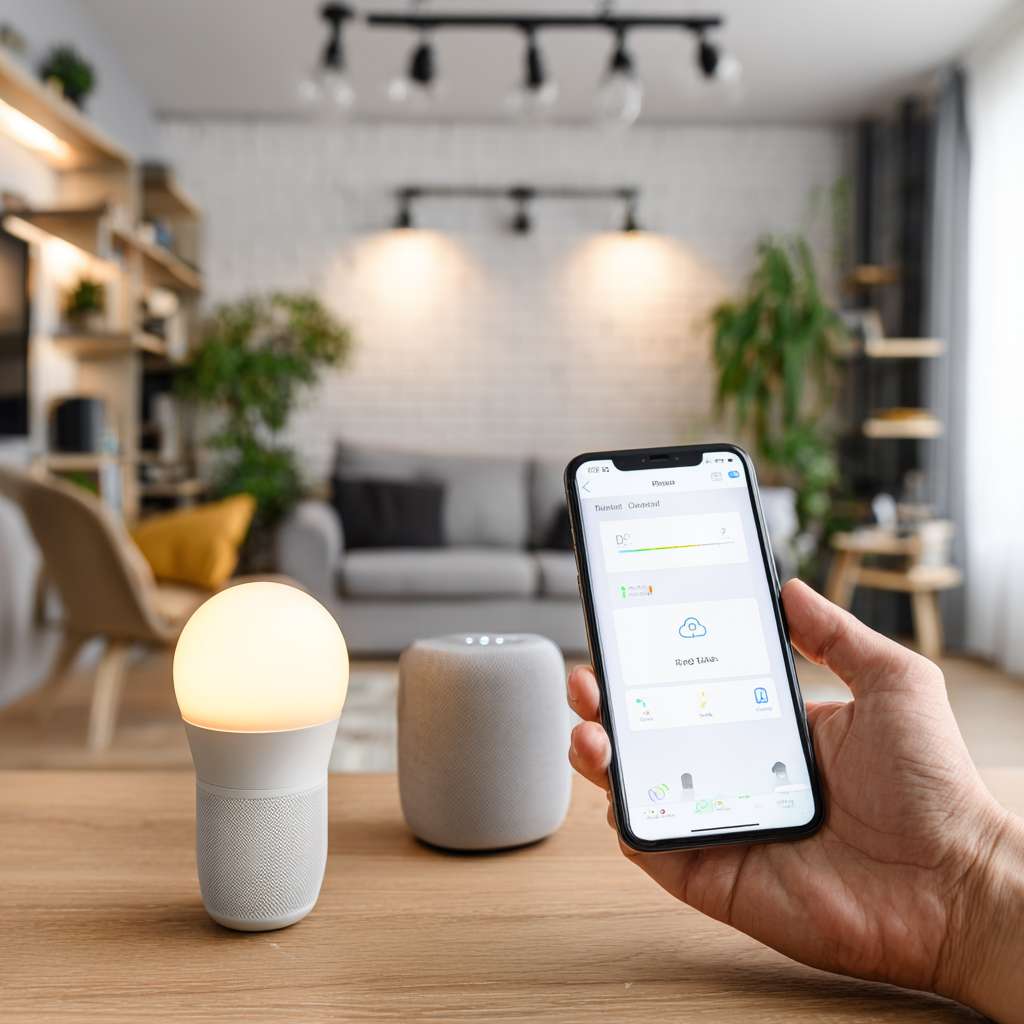 智能家居控制中心

Prompt（英文）: A modern living room smart home ecosystem, a smartphone screen controlling a Bluetooth smart bulb, Bluetooth speaker, and smart thermostat, cozy afternoon light, stylish interior design --ar 1:1 --v 7 --stylize 100 --fast --no 水印