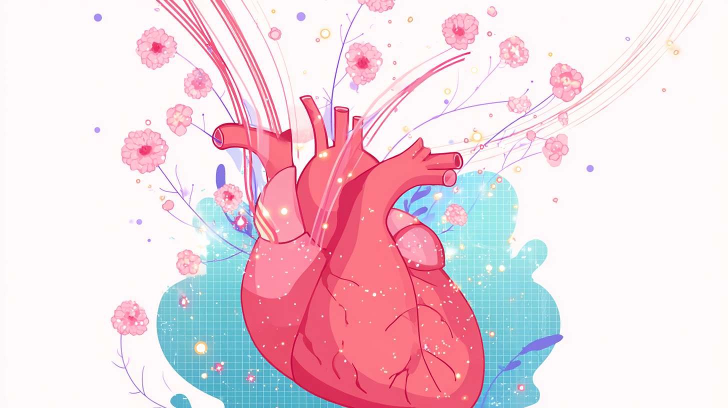 A vibrant, healthy cartoon-style red heart in the center. A smooth, healthy pink intestine path elegantly winds from the bottom and connects visually to the base of the heart. Tiny glowing translucent flowers and colorful light dots bloom along the intestine. Streams of sparkling particles flow upwards from these flowers/dots, gently swirling around and nourishing the heart. The heart is surrounded by a soft green/blue protective glow. Clean, minimalist background with a subtle transparent network pattern in very light blue. Flat illustration style, bright and hopeful color palette, visually appealing and non-graphic. --ar 16:9 --v 7 --style raw --stylize 100 --fast