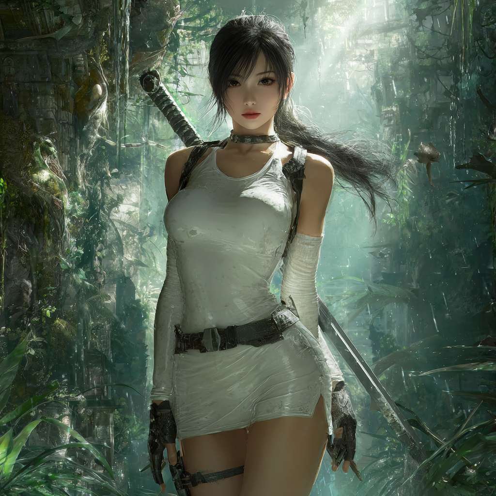 亚洲美少女身穿无袖连体紧身短皮装，皮肤白皙，及腰长发随风飘扬，长剑，在热带雨林，背景宏伟的失落城市，飞行的鸟，树上挂着小青蛇，阳光从树叶的缝隙中射到地面。正面特写 --ar 1:1 --v 7 --stylize 100 --fast --no 水印