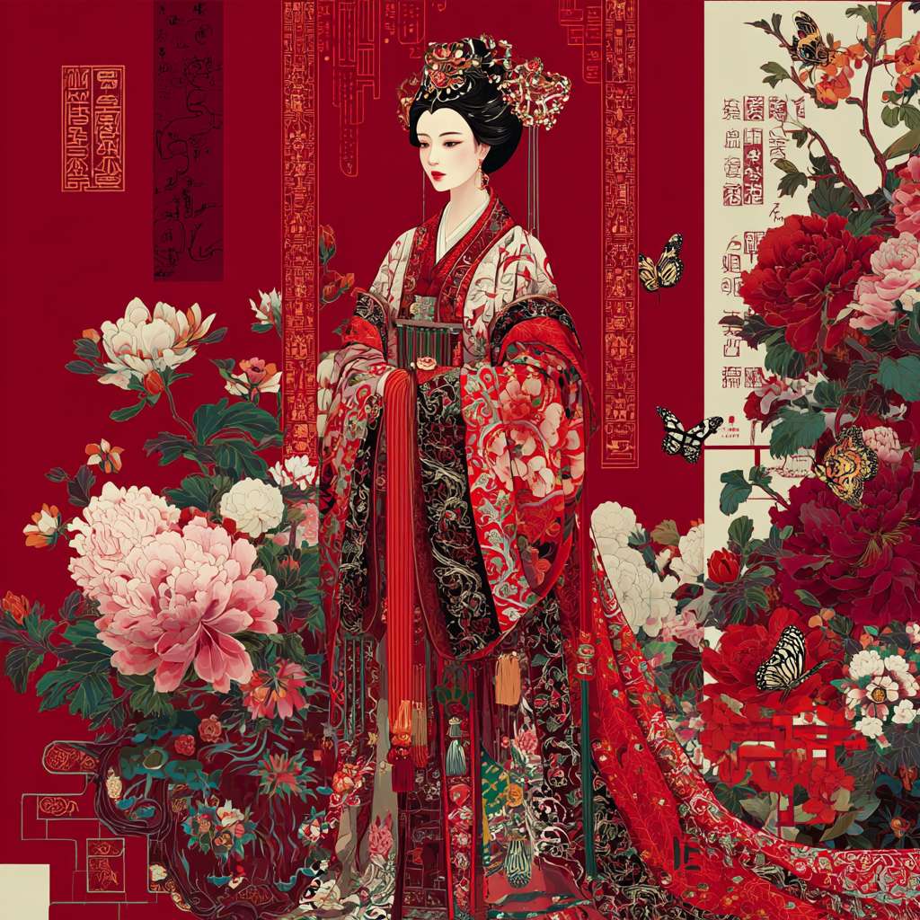 唐朝仕女, 全身像,矢量图, 牡丹花，蝴蝶，皇宫院落，极端的复杂性, 中国唐代永乐宫画, 刺绣 --ar 1:1 --v 7 --stylize 100 --fast --no 水印