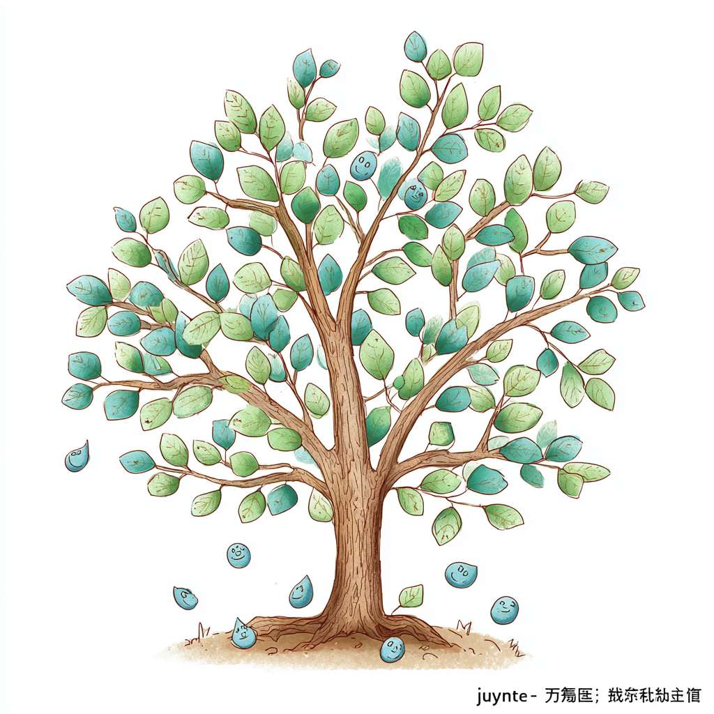 一棵矮胖的卡通大树，树干是棕色曲线，树枝向左右轻轻舒展，树叶是嫩绿色的小椭圆形（每片叶子都画个小笑脸）；树根部分不埋在土里，而是画成 “缠绕着小水滴” 的样子（水滴是蓝色半圆，带小波纹），代表 “道滋养自然”。简笔画 --ar 1:1 --v 7 --stylize 100 --fast --no 水印