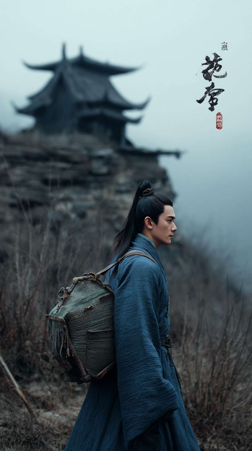 在深山里面，月光照亮着地面，一个身着靛蓝色书生服的英俊男子，背着书箱，外面下着雨比较阴暗，前面有点远的地方是一座破败的寺庙矗立在荒山野岭中，背面远景镜头，写诗一些的风格 --ar 9:16 --v 7 --stylize 100 --fast --no 水印