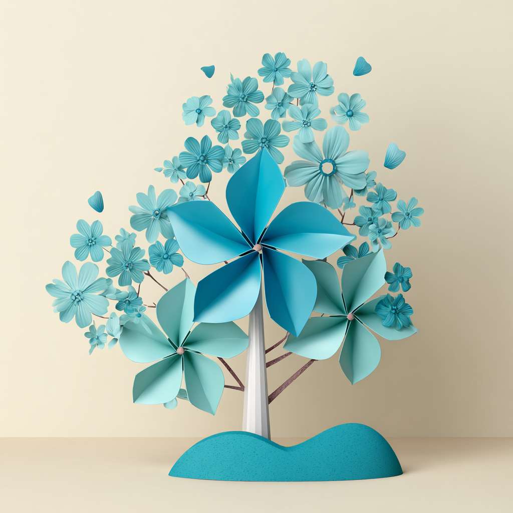 需要做一个立体海报，樱花形状，加入立体可旋转小风车，风车叶片为蒂芙尼蓝 --ar 1:1 --v 7 --stylize 100 --fast --no 水印