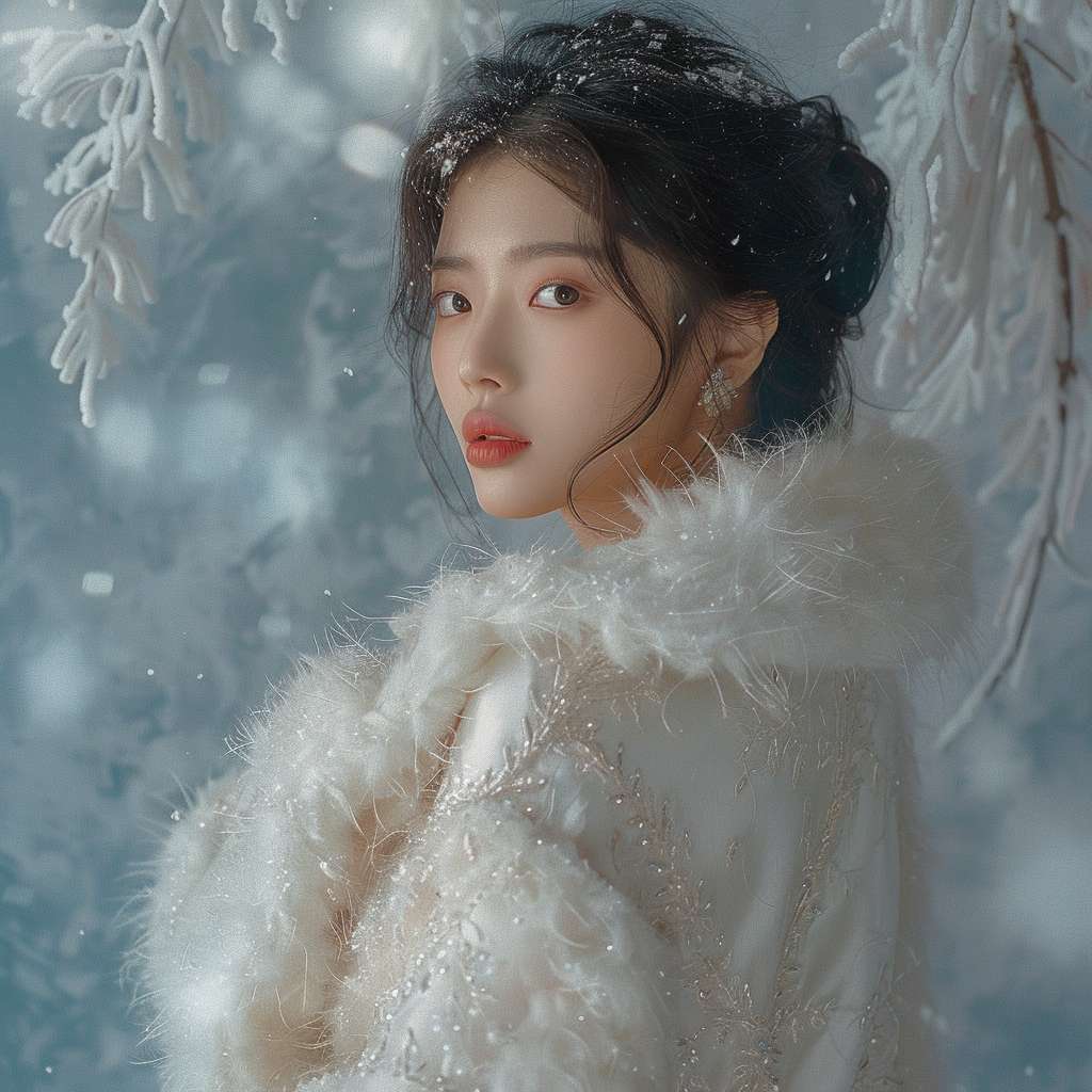 prompt：**Photography style, hot korean model in whirte fur coat, in the
style of romantic impressionism, xiaofei yue, realistic yet romantic, wavy,
1st version, barbizon school, beautiful women, real --ar 1:1 --v 6.0 --stylize 100 --fast