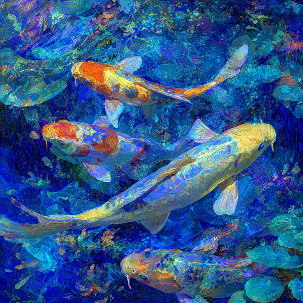 Vibrant underwater fantasy: blue water, 五彩光影，and energetic koi, 粗笔触 for texture, 细笔触 for movement, abstract. --ar 1:1 --v 7 --stylize 100 --fast --no 水印