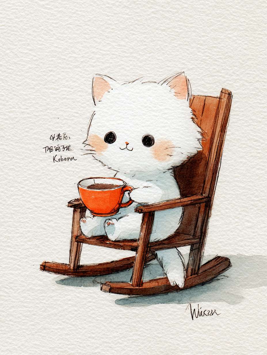 可爱的白色小橘猫，坐摇椅，喝茶，简笔画，手绘，背景留白，治愈系插画，富有童趣，笔触简单，有线条感，人物头顶空白处写卡通笔体文字“去爱你更爱的人吧，” --ar 3:4 --v 7 --stylize 100 --fast --no 水印