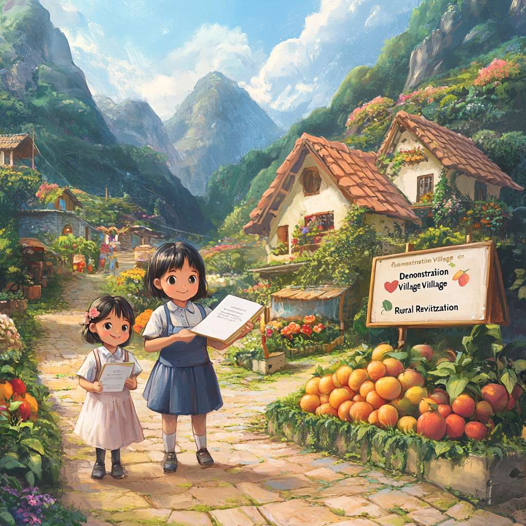 场景：小山村焕然一新。
角色：
农民站在自家新建的二层小楼前，脸上洋溢着幸福的笑容。
小女孩穿着整洁的校服，手里拿着奖状，站在农民身边。
远处可以看到一些游客在参观当地的特色农产品。
细节：
新建的小楼旁边有一个电商直播的场景，农民正在通过网络销售农产品。
山坡上果实累累，公路两旁有路灯。
村口有一块牌子，上面写着“乡村振兴示范村”。
色彩：明亮且鲜艳，突出富裕和幸福的氛围。 --ar 1:1 --v 6.1 --stylize 100 --fast