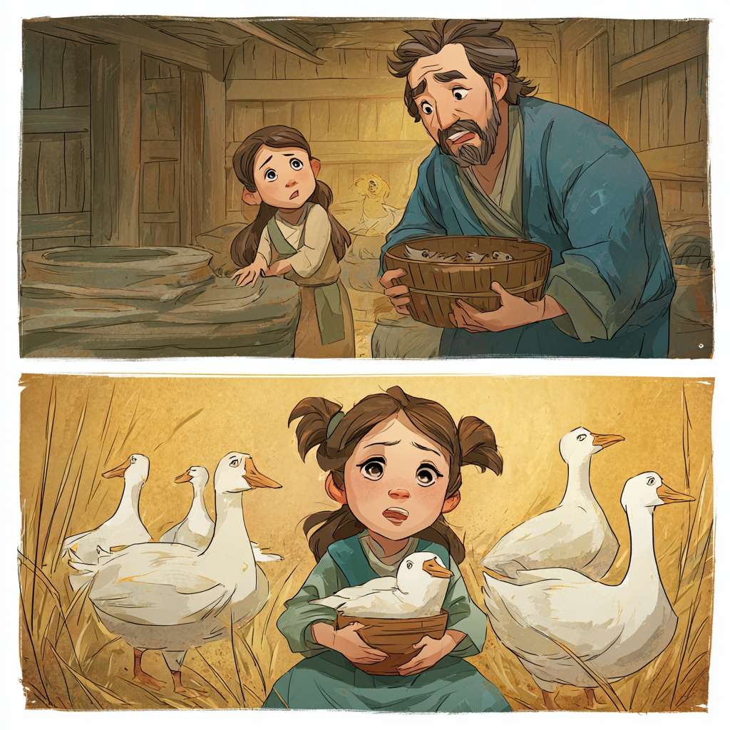 prompt
Double-register illustration in Tang Dynasty style. Upper register: Inside a rustic farmhouse hall, a man, John, in a blue布长衫 holds a bamboo basket containing a tiny, frail Wilbur. Young Fern, with tearful eyes and a pleading expression, tugs at her father's sleeve. Lower register: Fern sits on a grass mat in the meadow, cradling Wilbur on her lap, a ceramic feeding bowl beside her. In the background, several Tang-style white geese wander gracefully. The scene captures both drama and tenderness, Chinese storybook style, expressive figures, warm and soft lighting. --ar 1:1 --v 7 --stylize 100 --fast --no 水印