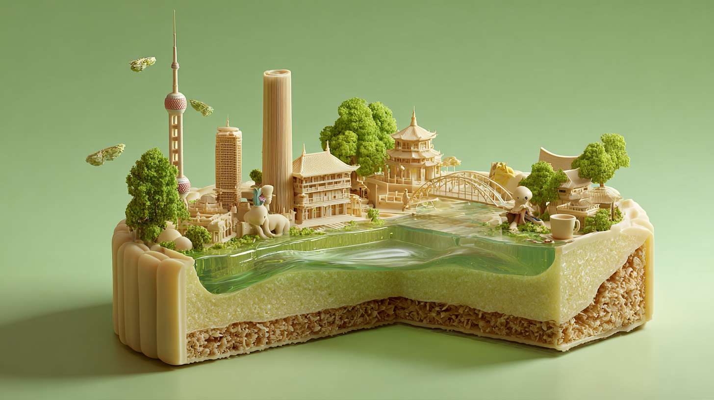一个月饼创意微缩场景，月饼平放，侧面对着观众，月饼内部展示成都城市真实的特色元素的立体微缩模型，有武侯祠、杜甫草堂等古建，也有成都双子塔等现代建筑，加入熊猫雕塑、茶馆桌椅、竹椅、盖碗茶等元素，还有潺潺流水和绿植营造闲适氛围，整体色调清新浪漫。背景为淡绿纯色。整体风格 3D 渲染，具有梦幻感，使用 C4D 制作，材质上注重光泽感，打光营造出柔和氛围，超详细，高清，HDR，电影构图，强调梦幻和未来感的美学，真实的纹理和光线增强了城市景观的真实性 --ar 16:9 --v 7 --stylize 100 --fast --no 水印,水印