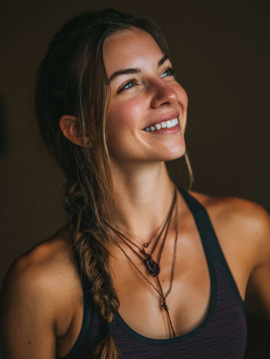 展示女性自信、快乐的表情，如微笑、冥想、愉悦的运动等，体现情绪调节的积极效果。同时，可以配合体质卡、情绪记录的元素，展示通过日常记录与调整来达到更好的情绪状态。 --ar 3:4 --v 7 --stylize 100 --fast --no 水印