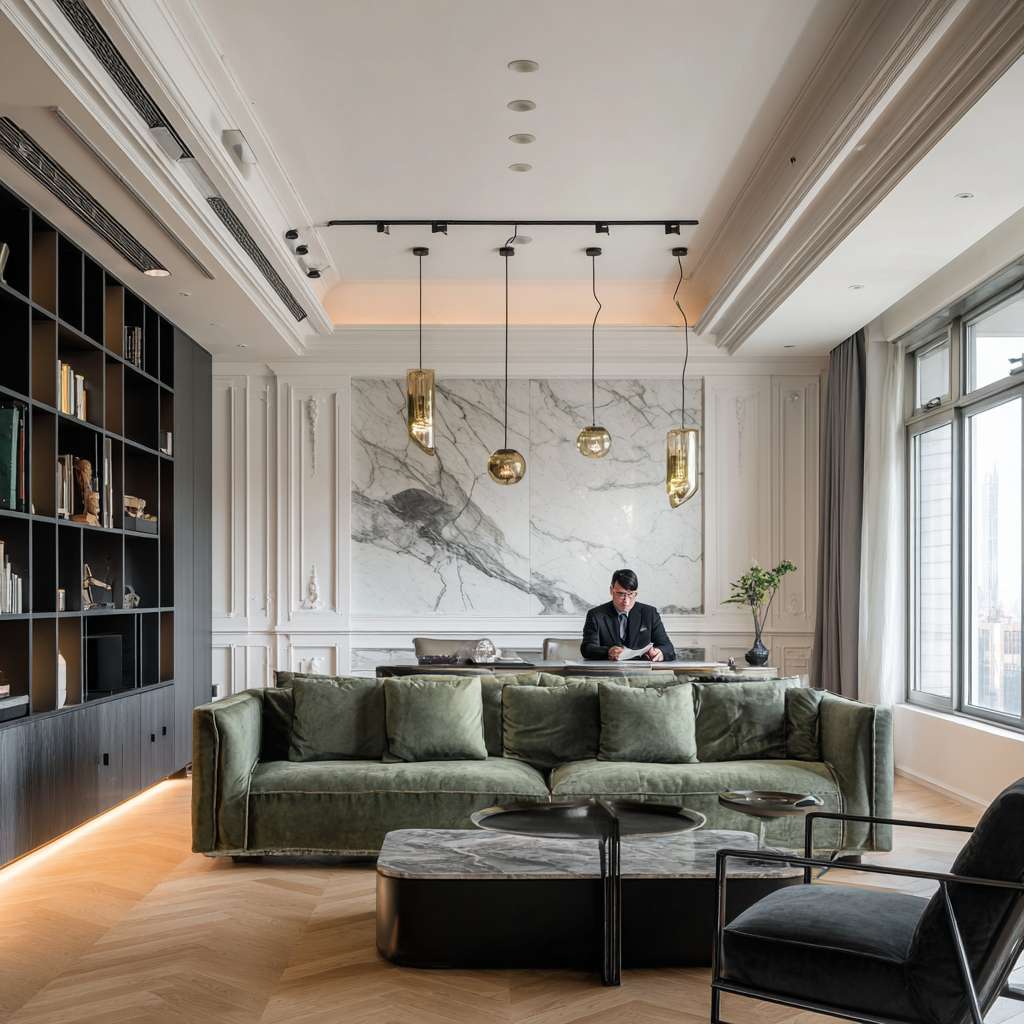 帮我生成一张简约高级感的图片，要求元素；在一个室内空间，一张墨绿色的沙发，一个黑色西服的男人；图片中要有光影，且只有这些元素 --ar 1:1 --v 7 --stylize 100 --fast --no 水印