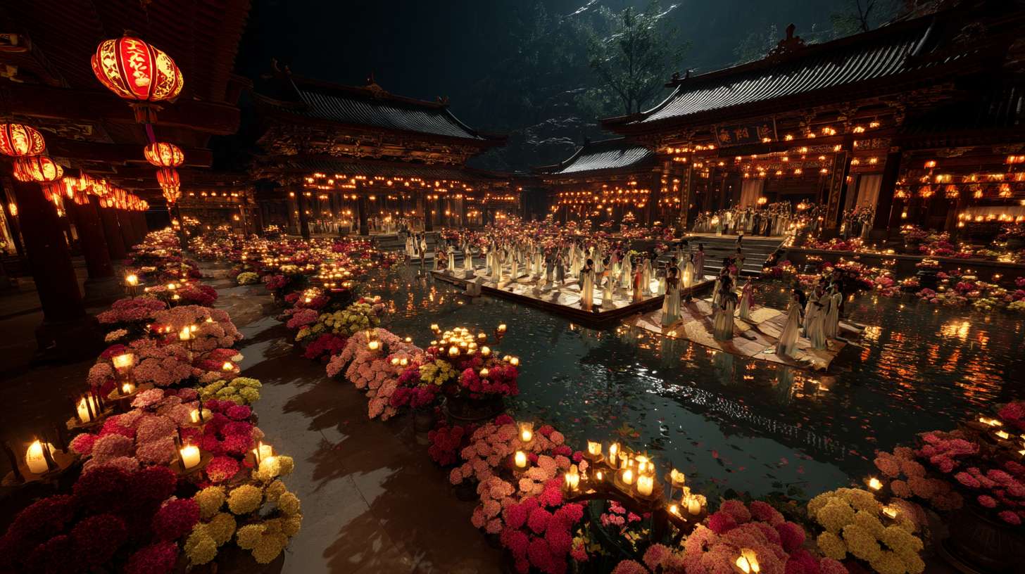 Unreal Engine 5 rendering, in this awe-inspiring scene of the ancient Luoyang Flower Festival, the composition centers on a vast sea of blooming peonies, surrounded by ancient-style pavilions, buildings, and winding corridors adorned with countless red lanterns, while the night sky is continuously lit up by colorful fireworks, the foreground features a celebrating crowd dressed in elegant Hanfu singing and dancing, the middle ground includes traditional Chinese architecture such as eaves-cornered pavilions, and the background blends deep blue starry skies with brilliant fireworks, in terms of color, vibrant reds, golds, and greens dominate, symbolizing luck and wealth, with the pink and white of the flowers sharply contrasting with the warm yellow of the lanterns, and the multicolored lights of the fireworks adding dynamic color variations, the lighting effects are exquisitely detailed, the soft glow from the lanterns casts warm shadows on people's faces and the ground, while the explosive flashes of fireworks create dazzling halos, contrasting with the cool moonlight to enhance the image's depth and dynamism, the entire scene is bustling and lively, with lanterns swaying gloriously, fireworks sparkling brilliantly, and the crowd cheering incessantly, as if transporting the viewer into a dreamlike ancient prosperous era filled with the charm of Chinese elements. --ar 16:9 --v 7 --c 20 --quality 4 --stylize 100 --fast
