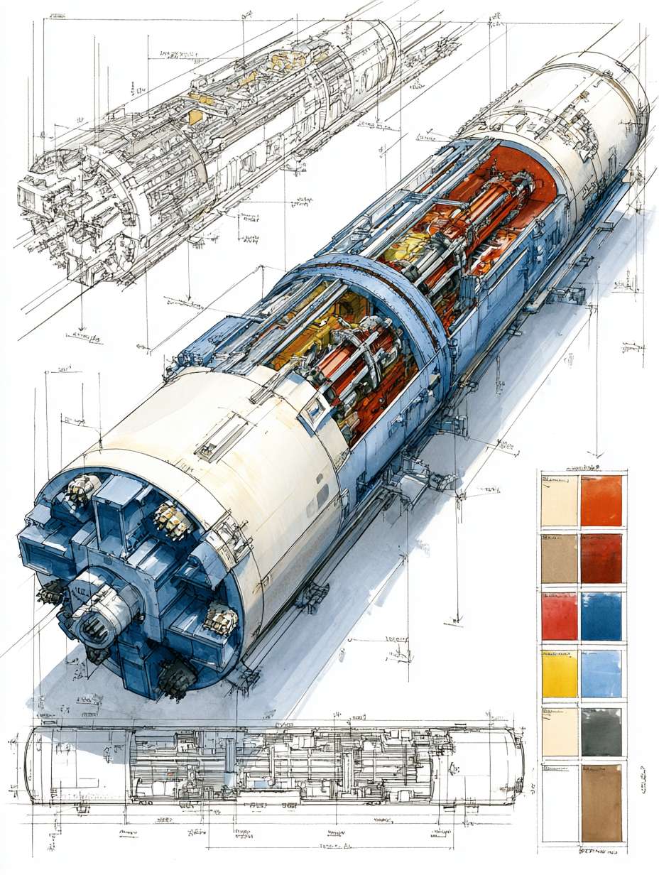 Tunnel Boring Machine (TBM) cutaway perspective blueprint illustration, dramatic wide-angle composition, three-quarter overhead view. Main subject: a highly detailed low-profile modern TBM (Earth Pressure Balance type) rendered in realistic hand-drawn watercolor sketch style, placed on clean white background. Features include: rotating cutterhead with disc cutters and scrapers, with watercolor texture and hand-drawn ink precision. Framed composition with architectural exploded-view edge sketches and directional arrows. Top-right corner includes a color palette swatch block, featuring: steel gray, industrial blue, soil brown, hydraulic red, and lining concrete white. --ar 3:4 --v 7 --stylize 100 --fast