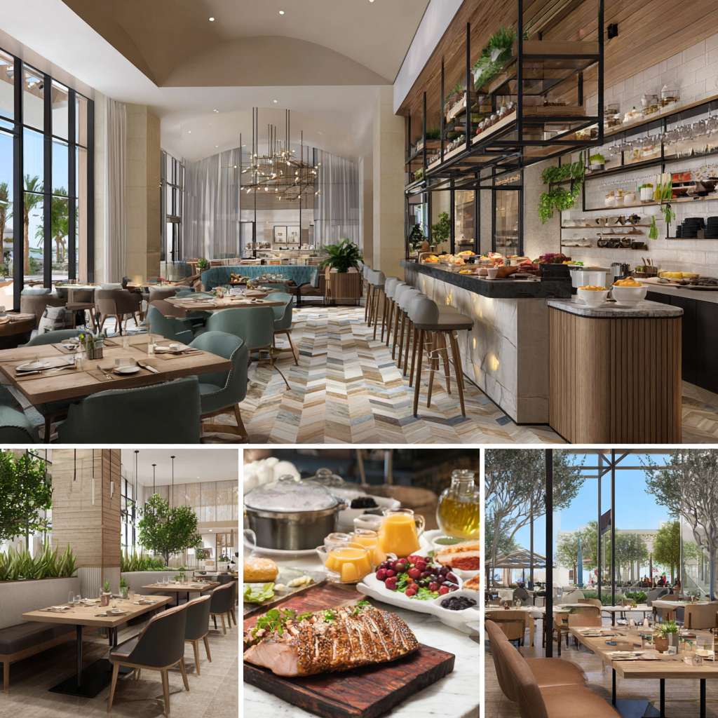 亚朵S酒店餐厅真实早餐宣传图片高清 --ar 1:1 --v 7 --stylize 100 --fast --no 水印