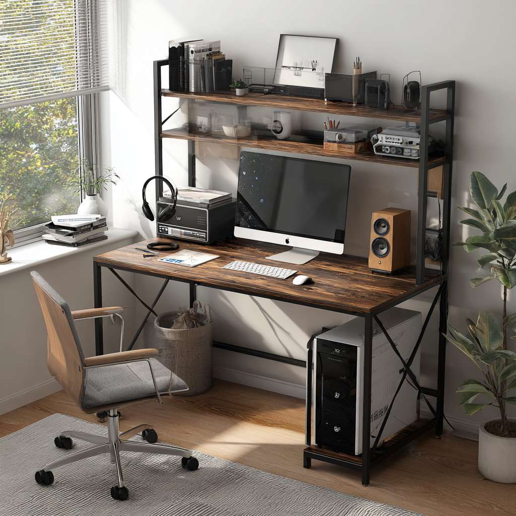 给我一个电脑桌区域的搭配图，区域长度180*85。要有椅子。要提现细节，电脑机箱要放桌面上。电脑桌要有置物架。置物架第二层要放一个哈曼卡顿音响。桌子上要有水杯，小垃圾桶。纸巾。键盘鼠标。手机，插板上插着手机充电器。还有平板。 --ar 1:1 --v 7 --stylize 100 --fast --no 水印