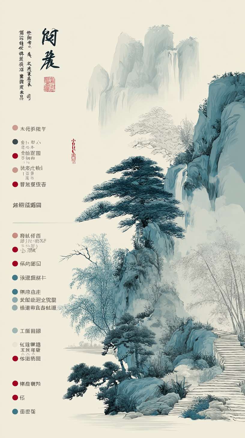 山间小路-水墨风
不要文字,这是游戏资源图
笔触参考:传统水墨画《富春山居图》(线条粗细变化、墨色层次)
色彩参考:游戏《仙剑奇侠传七》水墨风场景(淡雅色调、统一明度)
元素参考:动画《雾山五行》背景(竹林、山间场景的水墨质感)
构图:竖版蜿蜒,下方为石阶小路(沿画面右侧向上延伸),左侧为悬崖(淡墨勾勒),上方为云海(大面积留白)核心元素:- 石阶:青灰色(淡墨横线条,带细微纹理)- 云海:淡墨晕染(层次分明,近浓远淡)- 点缀:路边迎客松(浓墨枝干、淡墨松针)
主色调:青灰色(R130-150, G140-160, B150-170)辅助色:- 松针:墨绿色(R90-110, G120-140, B100-120)- 云海高光:纯白色(R240-250, G240-250, B240-250)统一适配:青灰色与新手村灰蓝色色调呼应,云海明度与竹林薄雾统一
1. 松针笔触与竹林竹叶笔触一致2. 石阶线条粗细与客栈石板路线条一致3. 云海层次与竹林薄雾层次的墨色过渡方式相同 --ar 9:16 --v 7 --stylize 100 --fast --no 水印
