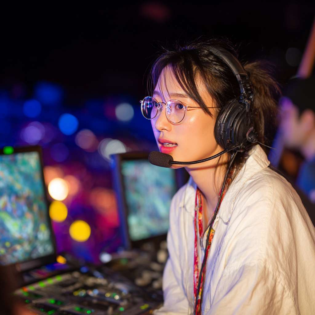 一个节目组导演拿着对讲机很认真地在指导现场，背景是一个夜晚的舞台 --ar 1:1 --v 7 --stylize 100 --fast --no 水印