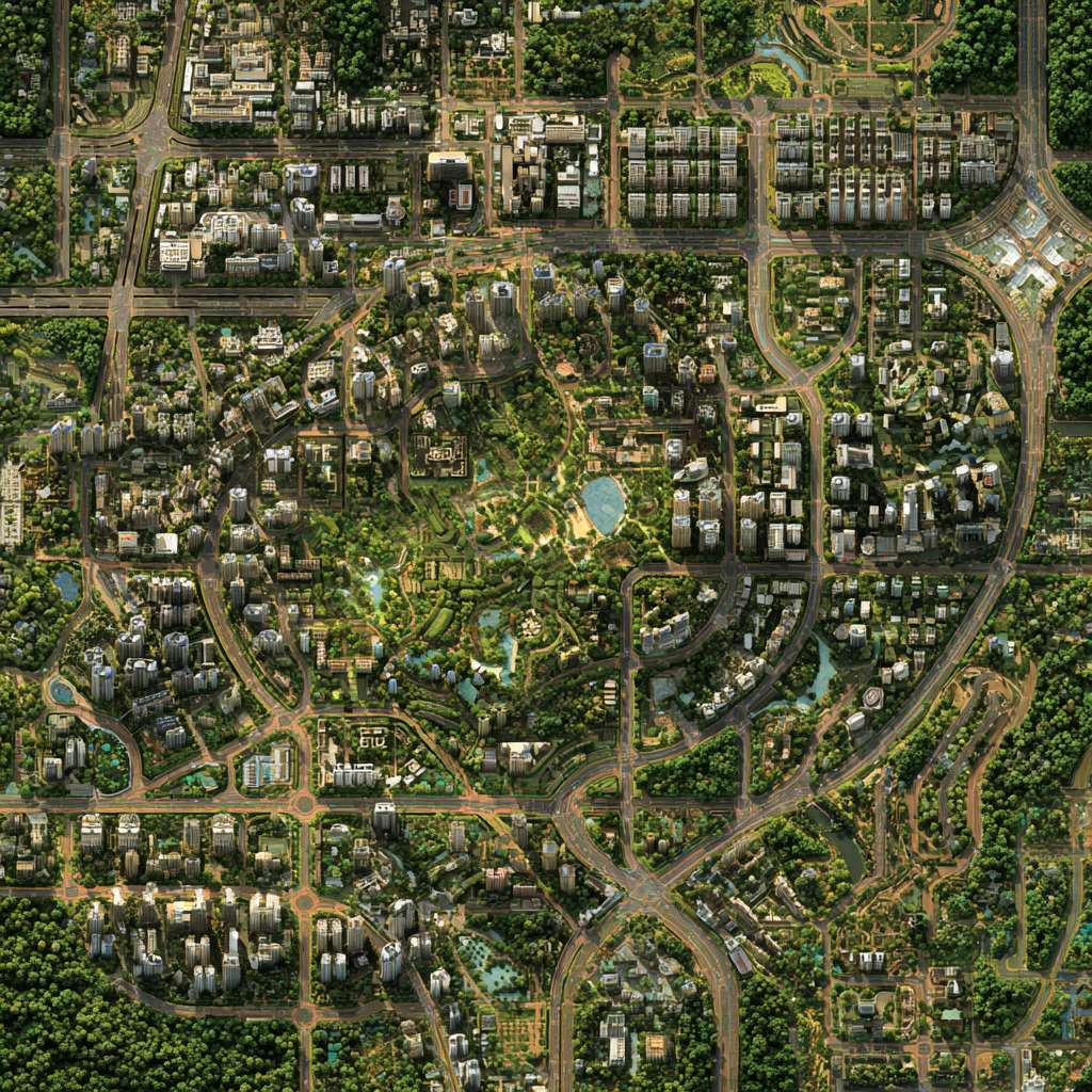 按照卫星图片的地形、道路、建筑布局，绘制一张三维效果图 --ar 1:1 --v 7 --stylize 100 --fast --no 水印