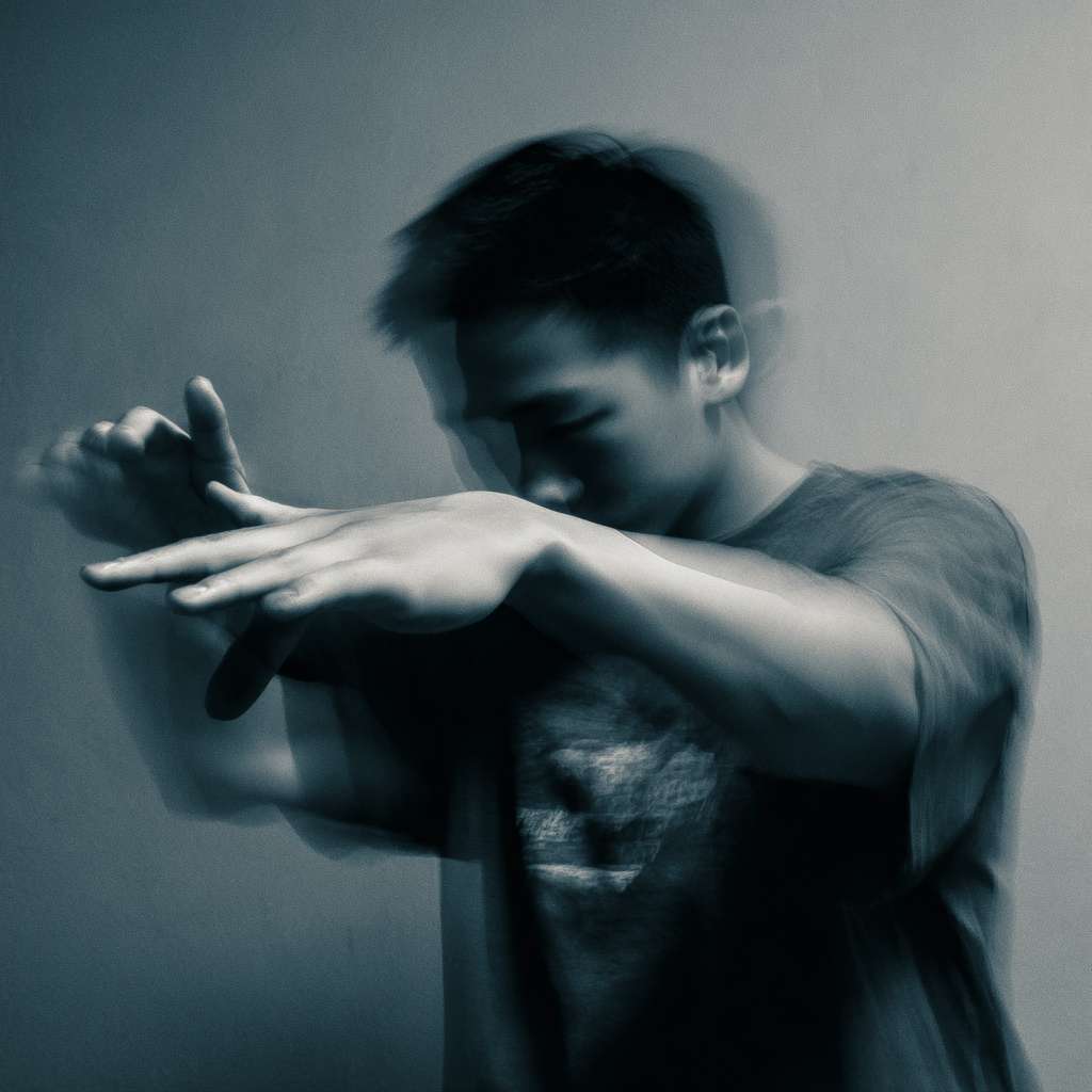 A motion picture of an Asian person slapping their cubital fossa --ar 1:1 --v 7 --stylize 100 --fast