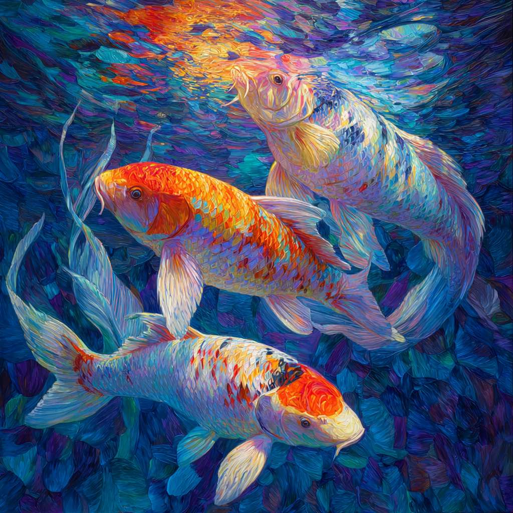 Surreal koi swimming amid blue water and colorful light splashes, 粗笔触 for waves, 细笔触 for iridescent details, lively oil. --ar 1:1 --v 7 --stylize 100 --fast --no 水印