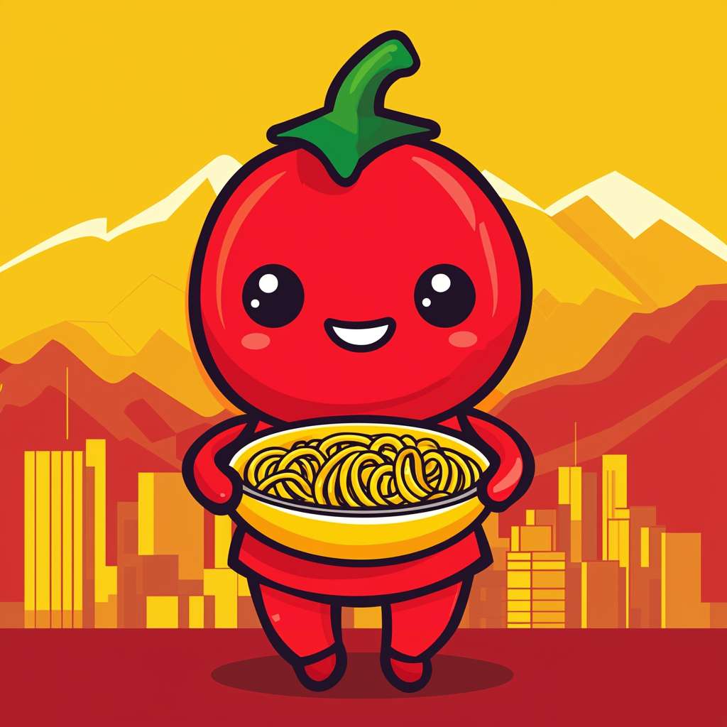 logo for a noodle shop, cute chili mascot holding bowl of noodles, flat vector, red yellow palette, mountain city vibe --ar 1:1 --v 6.1 --quality 2 --stylize 100 --fast --no text