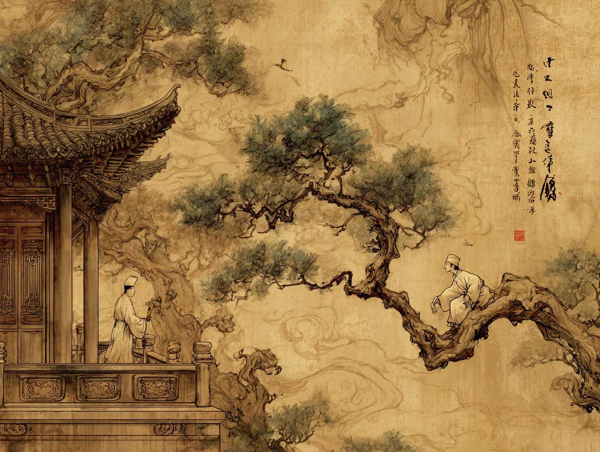 一卷卷的诗词卷轴从高处的小亭子中落下 --ar 4:3 --v 7 --stylize 100 --fast --no 水印