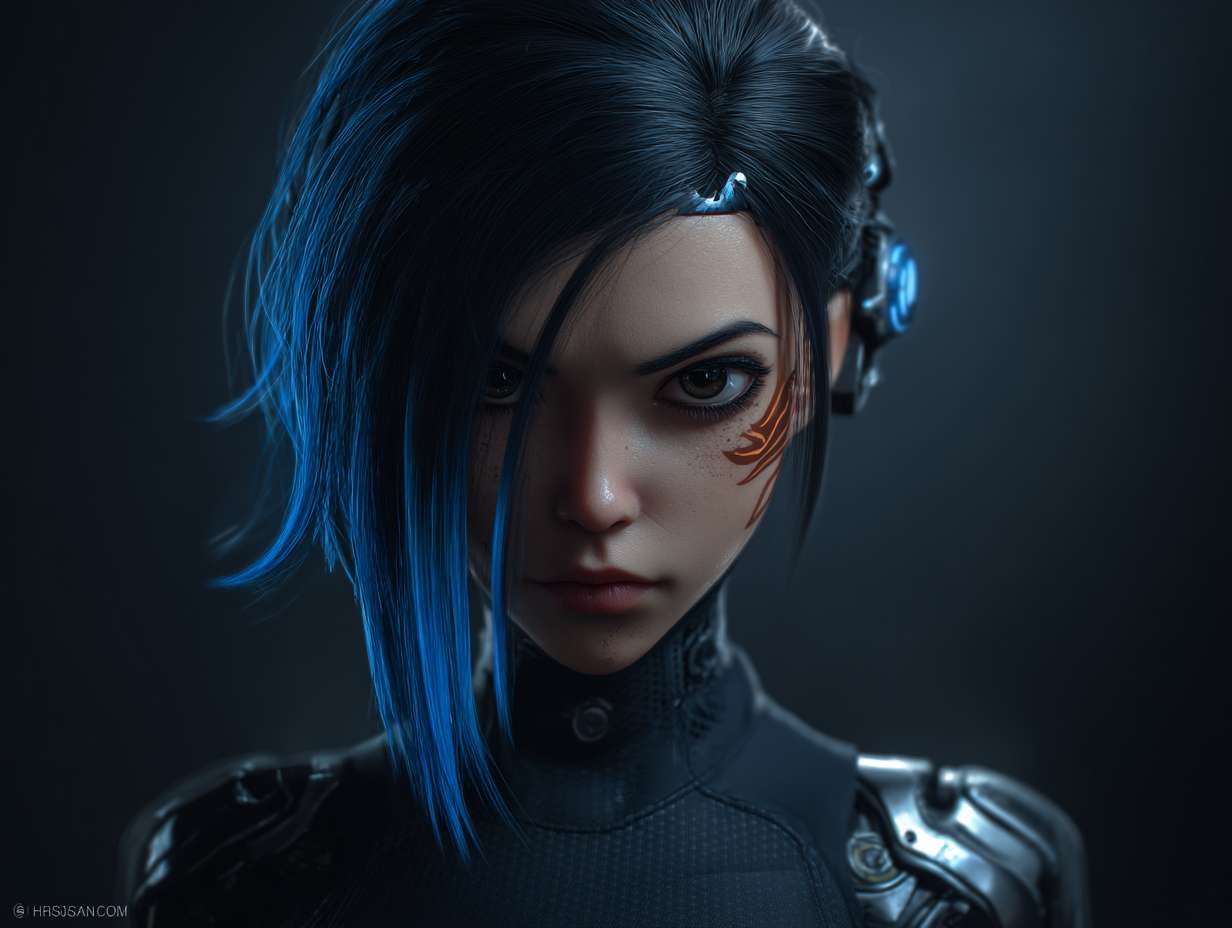 头部设计：保留哪吒标志性的 “火焰感” 发型，黑色短发中挑染三缕明亮的蓝色火焰发丝（对应觉醒后的蓝色火焰），额前发丝微微上翘，模拟火焰飘动形态。左侧太阳穴处有一道银色机械接口，平时隐藏在发丝下，战斗时会弹出蓝色能量纹路，延伸至下颌。面部妆容简洁，仅在眼尾处用红色颜料绘制细小火焰图腾（呼应父亲遗留的摩托火焰图案），眼神锐利，瞳孔在情绪激动时会泛出淡蓝色微光。
    上身设计：内搭黑色紧身速干衣，衣料上印有暗纹火焰图案（仅在强光下可见）。外覆银色分段式机械战甲，肩部装甲呈三角形，边缘有锯齿状设计（兼具防御与近战功能），装甲表面刻有红色古代符文（对应哪吒的 “混天绫” 元素，符文可释放能量束束缚敌人）。胸口是圆形能量核心，外层包裹透明合金罩，内部蓝色火焰状能量随呼吸起伏，核心下方印有 “云祥” 二字（手写体，体现自我身份认同）。双臂为可变形机械臂，平时收缩为黑色皮质护臂形态（印有赛车涂鸦），战斗时展开为银色机械结构，手掌心有凹槽，可凝聚火焰能量。
    下身设计：穿着黑色工装裤，裤腿侧边有拉链口袋（用于放置机械零件与应急工具），膝盖处装有黑色防撞护膝，护膝表面有蓝色电路纹路。腰部系着宽版黑色皮带，左侧挂着父亲遗留的摩托钥匙（金属材质，钥匙链是小型火焰吊坠），右侧挂着战术匕首（刀柄缠绕红色皮质绳，模拟混天绫质感）。脚部为黑色高帮机械战靴，靴底有防滑纹路，鞋跟处装有小型推进装置（战斗时可辅助跳跃），靴筒外侧印有蓝色火焰标识。 --ar 4:3 --v 7 --stylize 100 --fast --no 水印