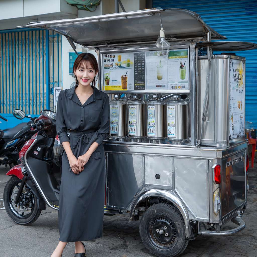 一个真实奶茶摆摊三轮车，三轮车后面有是专门定制不锈钢的架子和灯光广告，并且三轮车上又制造奶茶的工作，奶茶摆摊车旁边站着个漂亮发女生 --ar 1:1 --v 7 --stylize 100 --fast --no 水印
