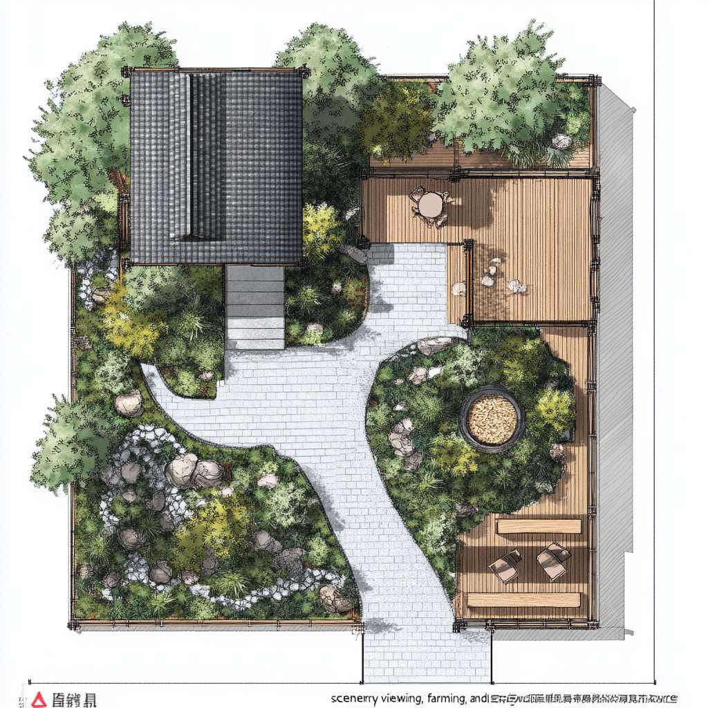 请根据以下描述生成一个建筑平面图。一、庭院功能分区与动线规划
1. 前院(迎宾景观区)
尺寸:4m×8m(靠近主入口)
核心元素:
中式门廊:悬挑1.5m宽灰瓦檐廊,地面铺青石板,设木质长凳供休憩。
曲径通幽:鹅卵石拼花小径(宽0.8m)蜿蜒至入口,两侧种植修水本地毛竹、蕨类。
水景点睛:利用小溪活水引入小型叠水景(宽1m×长2m),配石磨盘流水装置。
2. 侧院(实用功能区)
功能复合:
农具收纳:竹篱笆围合2m×3m工具间,顶部攀缘凌霄花遮阳。
晾晒区:防腐木平台(3m×3m),配可收放晾衣绳。
3. 后院(私密休闲区)
设计要点:
亲水平台:防腐木搭建挑台(4m×3m)延伸至溪边,设固定藤编桌椅。
生态菜园:阶梯式种植箱(1.2m高,方便老人操作),种植辣椒、薄荷等易打理作物。
夜景观赏:沿溪悬挂竹编灯笼,安装太阳能草坪灯(色温2700K暖光)。
二、中式美学细节设计
元素 实现方式 成本控制技巧
围墙 1.2m高青砖基座+上部竹格栅(间距15cm) 基座用本地红砖刷青灰漆,节省30%成本
地面铺装 60%青石板(主径)+30%砾石(排水带)+10%防腐木(平台) 砾石层下铺土工布防杂草
植物搭配 上层:桂花(香氛)+ 红枫(秋色)
中层:南天竹+芭蕉
下层:麦冬+矾根 选择2-3年生苗木,本地采购降低运费
小品装饰 旧石槽改荷花池、陶罐组合盆景、仿古拴马石 利用老物件再造景,文化感强且低成本
三、气候适应性设计
防潮排水
地面整体坡度3%向小溪方向倾斜,砾石排水沟沿建筑周边设置。
亲水平台底部架空10cm,采用菠萝格防腐木(耐湿性优于杉木)。
夏季遮阳
廊架顶部覆盖50%透光率的竹编遮阳板,搭配紫藤、葡萄等攀缘植物。
东西侧种植常绿女贞树篱(高2.5m),阻挡午后西晒。
冬季防风
北侧用木槿+珊瑚树混植绿篱(密度0.8m/株),降低冷风侵袭。
休息区设可拆卸透明防风帘(亚克力板+木框),冬季临时加装。
四、适老化安全设计
无障碍通行:所有通道宽度≥1m,无台阶设计,门槛高差<1cm。
防滑处理:青石板表面做荔枝面处理(摩擦系数≥0.6),木平台加防滑凹槽。
应急便利:
休憩区每10m设一键呼叫按钮(直连老人房报警器)。
夜间路径灯带嵌入地面(照度50-100lux),自动感应启动。
五、成本优化方案(预算3-5万元)
项目 推荐做法 单价参考
硬质铺装 本地青石板(60元/㎡)+ 砾石(30元/㎡) 1.2万元(约200㎡)
木作 菠萝格防腐木平台(350元/㎡) 1.5万元(40㎡)
绿化 本地苗木+自播草花 0.8万元(含土壤改良)
水景 小型循环水泵+旧石槽改造 0.3万元
照明 太阳能庭院灯+LED灯带 0.4万元
六、四季景观搭配建议
季节 观赏焦点 植物选择
春 入口紫藤花廊 紫藤、杜鹃、迎春
夏 荷池与芭蕉听雨 荷花、芭蕉、茉莉
秋 红枫与桂花香径 红枫、桂花、菊花
冬 竹石景观与常绿树 毛竹、南天竹、茶梅
七、施工注意事项
管线预埋:庭院照明线路穿PVC管埋深≥40cm,预留智能灌溉接口。
植被养护:芭蕉、竹子等根系发达植物需距建筑基础≥2m。
生态保护:溪边保留1m原生植被缓冲带,防止水土流失。
效果示意:
日景:白墙黛瓦掩映竹影,青石小径蜿蜒至溪边,木平台上老人闲坐品茶。
夜景:竹灯笼暖光映照水面,麦冬草间的萤火虫灯星星点点,宛如水墨画卷。
通过功能复合、在地材料利用和精细化适老设计,可在有限预算内实现“观景、务农、休闲”三合一的舒适庭院。 --ar 1:1 --v 6.1 --stylize 100 --fast