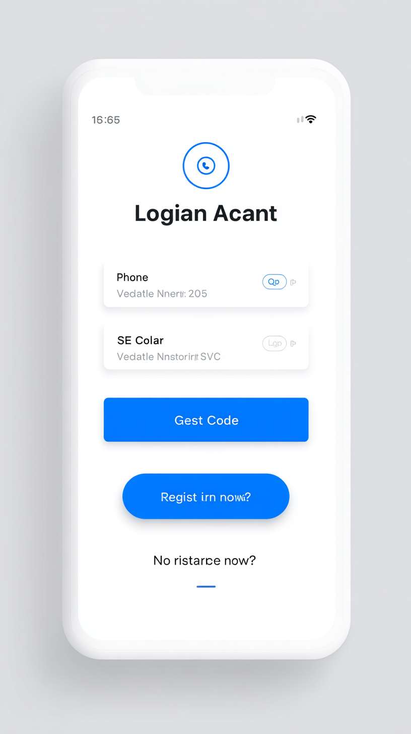 Mobile app login interface, minimalist flat style, light gray background (#F5F5F5), centered white card with rounded corners, phone number input field (left phone icon, gray hint text), verification code input field (left SMS icon, right "Get Code" blue text button), large blue (#2196F3) login button (white bold text), bottom text "No account?" (gray) + "Register now" (blue, no underline), top circular app icon + "Instant Chat" title (black bold text), clean interface, no extra elements --ar 9:16 --v 7 --stylize 100 --fast