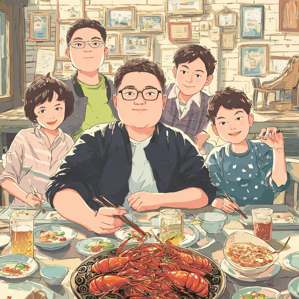 生成一个男生坐在羽毛球馆里正在吃麻辣小龙虾，地上很多盘麻辣小龙虾还有啤酒，羽毛球拍被他扔在一边的地上，他很胖，旁边有几个人在打羽毛球，都很瘦。男生短发，戴眼镜，卡通画风，画面鲜艳 --ar 1:1 --v 7 --stylize 100 --fast --no 水印