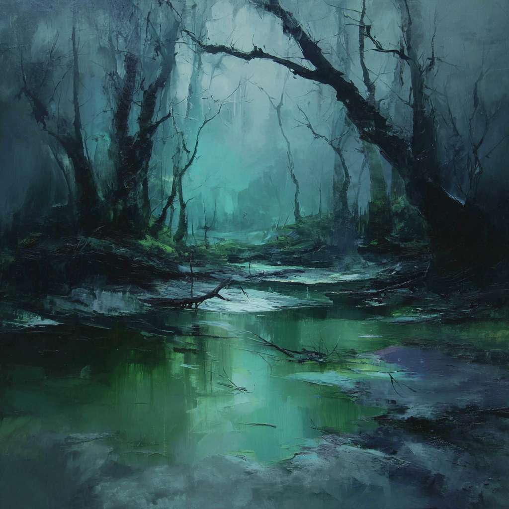 Eerie forest pool scene in cool gray-blue and 墨绿 tones, loose brushstrokes sketching gnarled tree trunks and tangled branches; still water mirrors fractured tree silhouettes and faint light, abstract 神秘 oil with desolate atmosphere.
Surreal 幽潭 in misty woods: dark green and slate-blue hues dominate, rough lines defining ancient trees; stagnant water reflects fragmented branches and eerie light, loose, expressive strokes.
Mysterious forest pool: cold gray-blue and deep emerald tones, with chaotic brushwork suggesting overgrown wilderness; still water acts as shadowy mirror, abstract oil in desolate greens and blues. --ar 1:1 --v 7 --stylize 100 --fast --no 水印